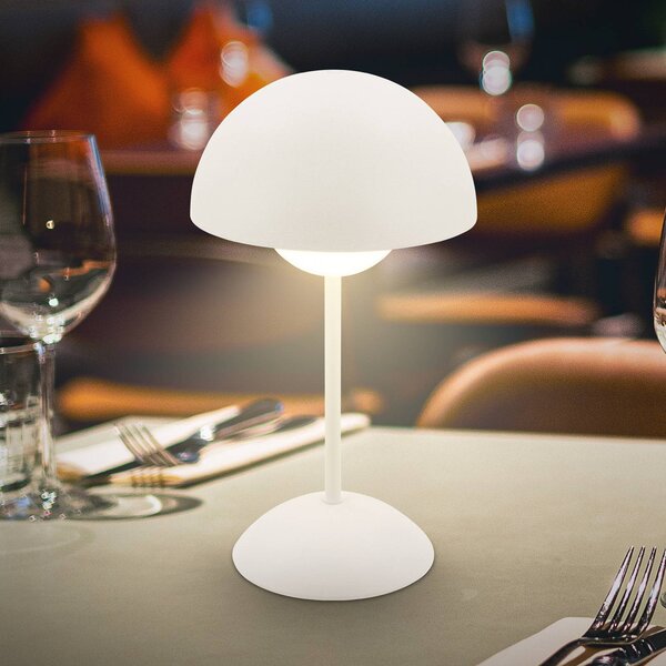 Briloner Lampa stołowa LED z akumulatorem Kugle, biała, metalowa, IP44, ściemniana możliwość ściemniania, biały / opal, salon / jadalnia, metal, nowoczesny