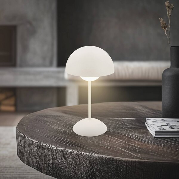 Briloner Lampa stołowa LED z akumulatorem Kugle, biała, metalowa, IP44, ściemniana możliwość ściemniania, biały / opal, salon / jadalnia, metal, nowoczesny