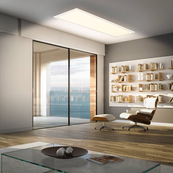 Briloner Panel LED Piatto CCT, IP44, 100 x 25 cm, pilot zdalnego sterowania, biały Piatto, możliwość ściemniania, biały / opal, biuro, metal