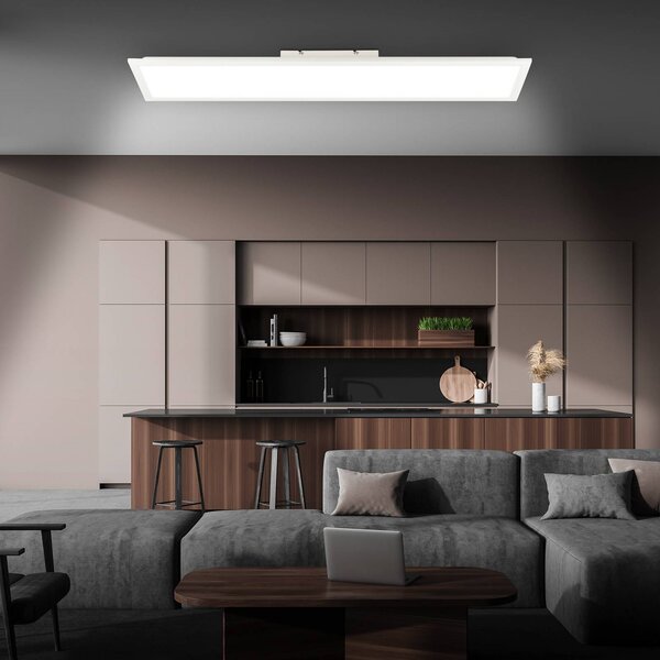 Briloner Panel LED Piatto CCT, IP44, 100 x 25 cm, pilot zdalnego sterowania, biały Piatto, możliwość ściemniania, biały / opal, biuro, metal