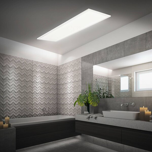 Briloner Panel LED Piatto CCT, IP44, 100 x 25 cm, pilot zdalnego sterowania, biały Piatto, możliwość ściemniania, biały / opal, biuro, metal