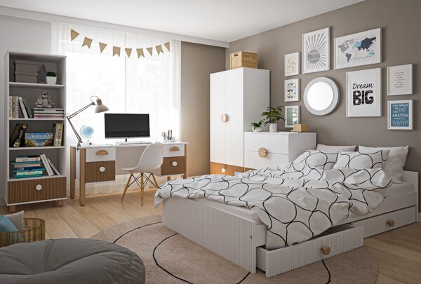 Zestaw mebli młodzieżowych Cozy LOFT Young biały - Łóżko 200x120, szafa, regał, komoda, biurko