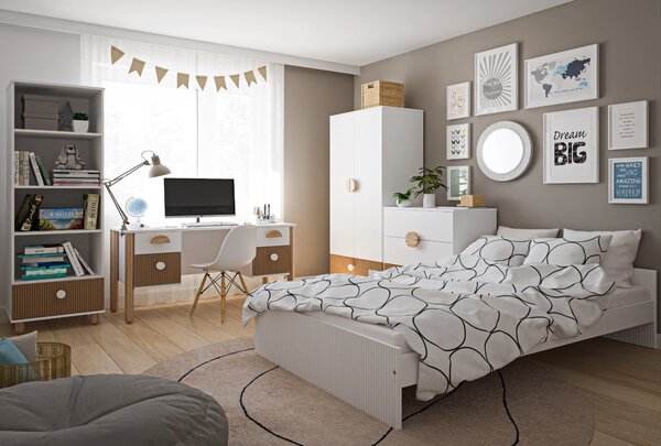 Zestaw mebli młodzieżowych Cozy LOFT Young biały - Łóżko 200x120, szafa, regał, komoda, biurko