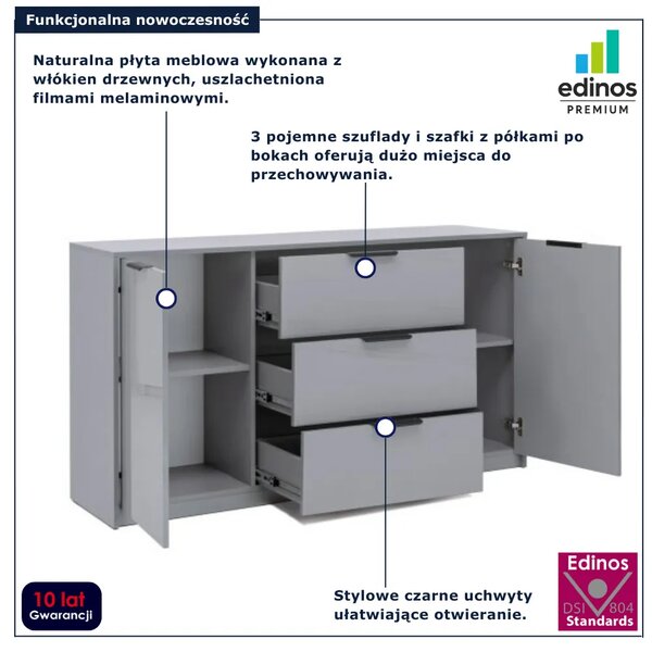 Szara długa komoda z 3 szufladami szara lawa połysk R1-R89