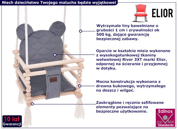 Dziecięca huśtawka z poduszką w kolorze stalowym - Tedoli