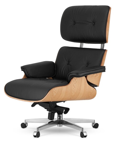 Fotel Biurowy Lucera NEW XL Czarna Skóra Ekologiczna, Jasny Dąb, Obrotowa Podstawa na Kółkach – styl Lounge Chair