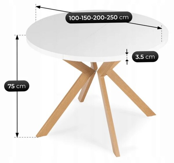Stół Okrągły Rozkładany LUKAS 100-250 cm Biały/Dąb Skandynawski