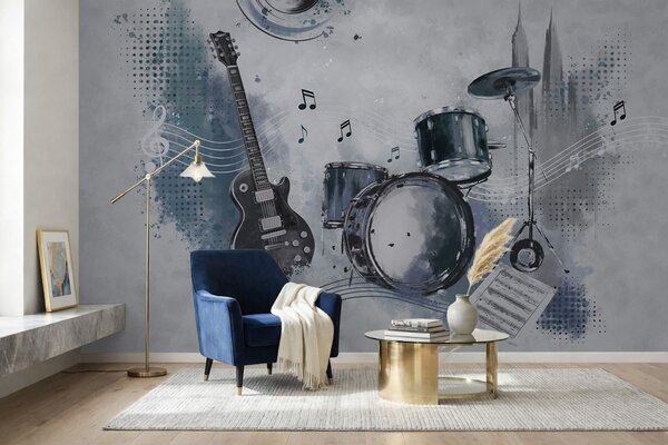 Fototapety Gitara i zestaw perkusyjny z nutami, Tapety Wyjątkowe, w05546 : Uwalls.pl