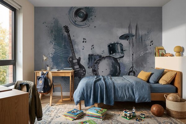 Fototapety Gitara i zestaw perkusyjny z nutami, Tapety Wyjątkowe, w05546 : Uwalls.pl