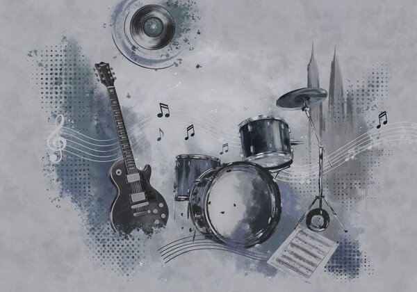 Fototapety Gitara i zestaw perkusyjny z nutami, Tapety Wyjątkowe, w05546 : Uwalls.pl
