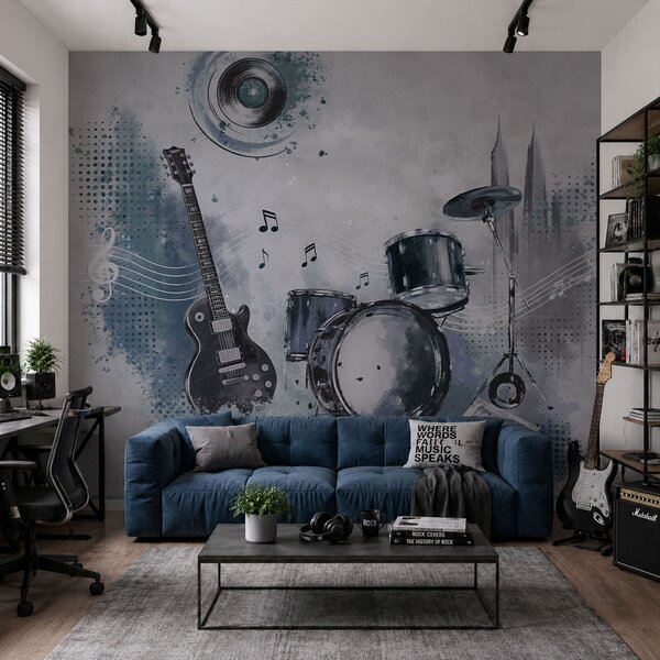 Fototapety Gitara i zestaw perkusyjny z nutami, Tapety Wyjątkowe, w05546 : Uwalls.pl