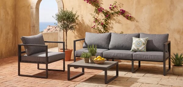 Zestaw Mebli Ogrodowych (Duża 3os. sofa, fotel i stolik) MOSTRARE szary, aluminium + detale polywood