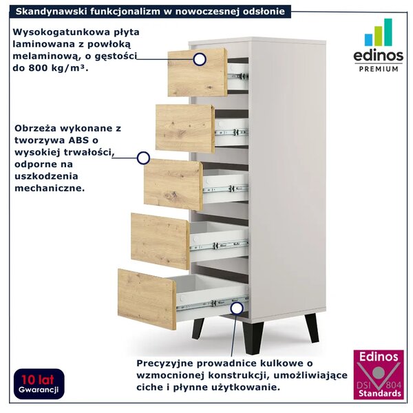 Wąska komoda z 5 szufladami na ubrania kaszmir + dąb artisan S1-M22