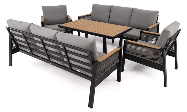 MebleMWM Zestaw mebli ogrodowych z aluminium SYCYLIA DUO | Czarny + imitacja drewna | Szare poduszki