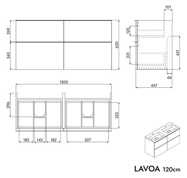 Szafka podumywalkowa LAVOA 120 cm z umywalką z odlewu mineralnego BRUXELLES - różne kolory