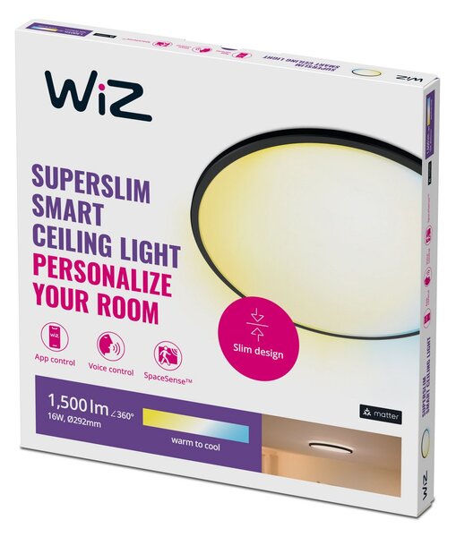 Lampa Sufitowa WiZ, SuperSlim, ściemnialny, czarny, salon, tworzywo sztuczne, nowoczesny