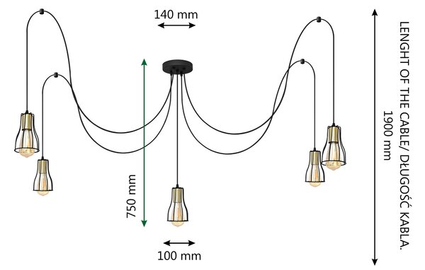 Lampa wisząca pająk Tube W-KM 1924/5K BK+GO+BK