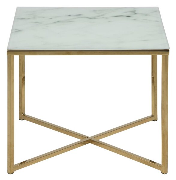 Kwadratowy stolik kawowy Alisma white / golden, złota podstawa i marmurowy, biały blat, glamour