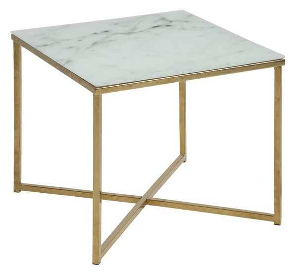 Kwadratowy stolik kawowy Alisma white / golden, złota podstawa i marmurowy, biały blat, glamour