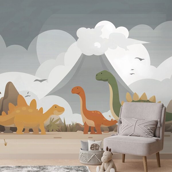 Tapeta kolorowe dinozaury w krajobrazie