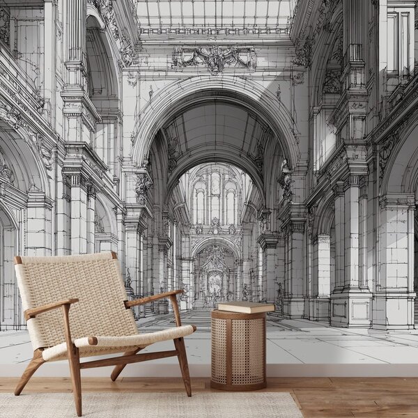 Tapeta historyczna architektura w czarno-białym rysunku