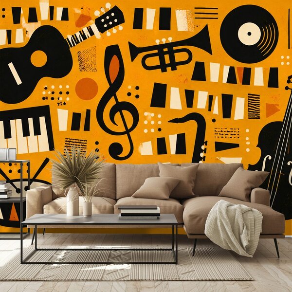 Tapeta retro instrumenty muzyczne na pomarańczowym tle