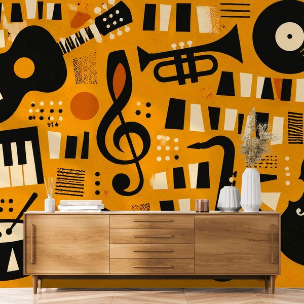 Tapeta retro instrumenty muzyczne na pomarańczowym tle