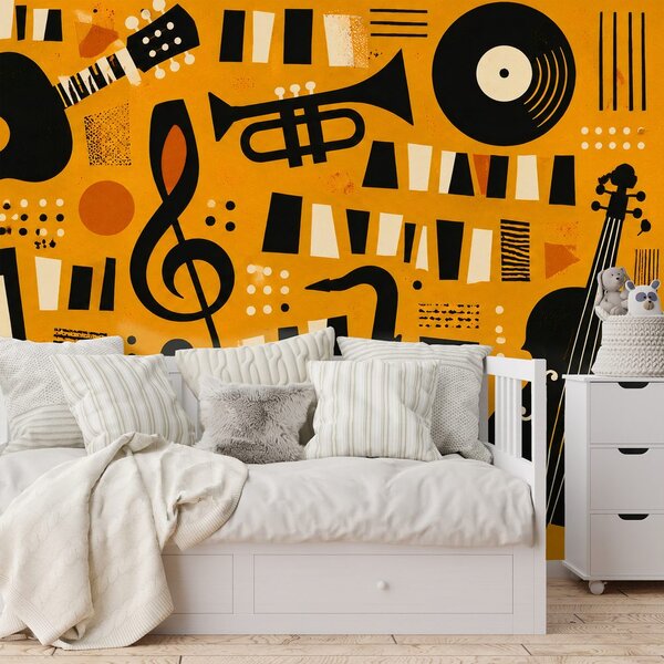 Tapeta retro instrumenty muzyczne na pomarańczowym tle