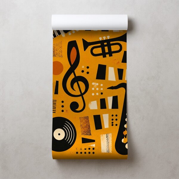 Tapeta retro instrumenty muzyczne na pomarańczowym tle