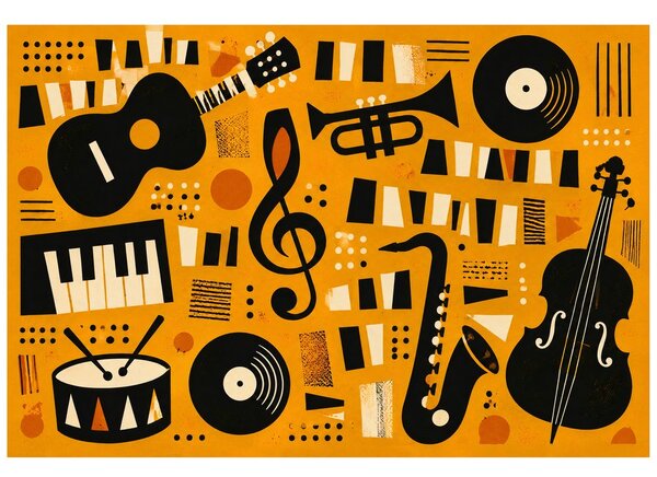 Tapeta retro instrumenty muzyczne na pomarańczowym tle