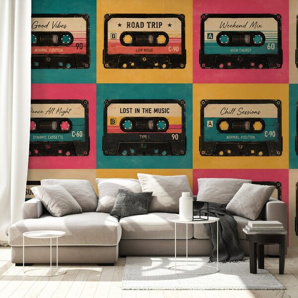 Tapeta retro kolorowe kasety audio