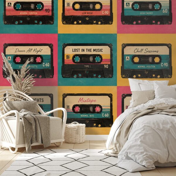 Tapeta retro kolorowe kasety audio