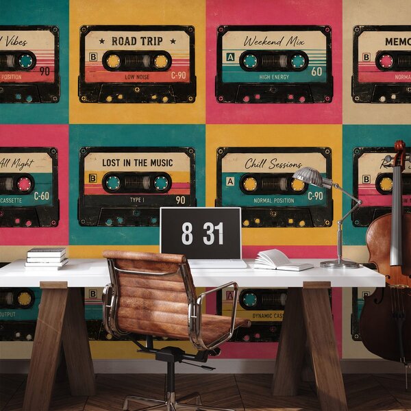 Tapeta retro kolorowe kasety audio