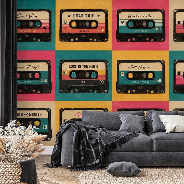 Tapeta retro kolorowe kasety audio