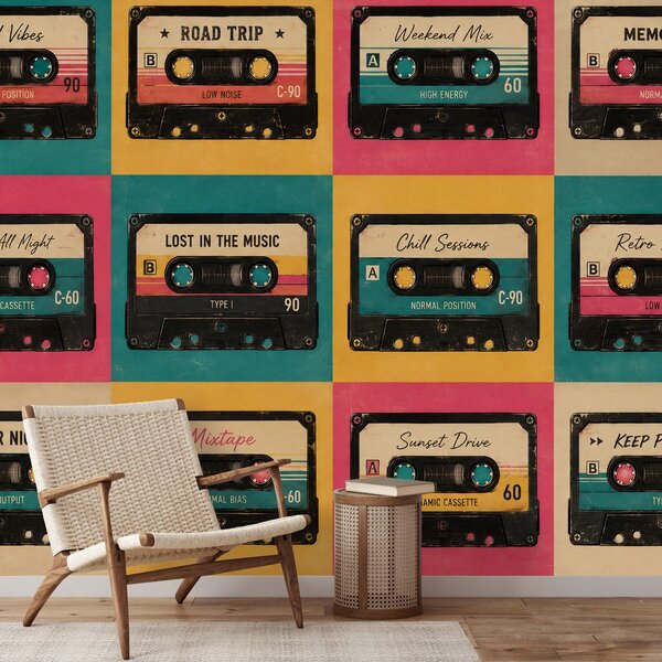 Tapeta retro kolorowe kasety audio