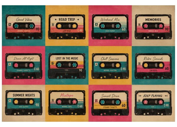 Tapeta retro kolorowe kasety audio
