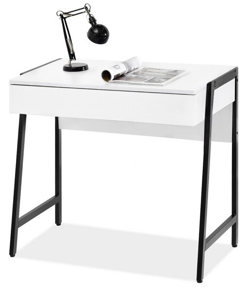 Małe biurko z białym blatem i czarnym stelażem do pokoju modzieżowego