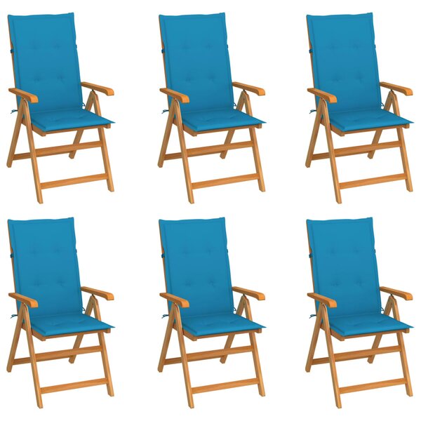 Krzesła ogrodowe, 6 szt., niebieskie poduszki, drewno tekowe