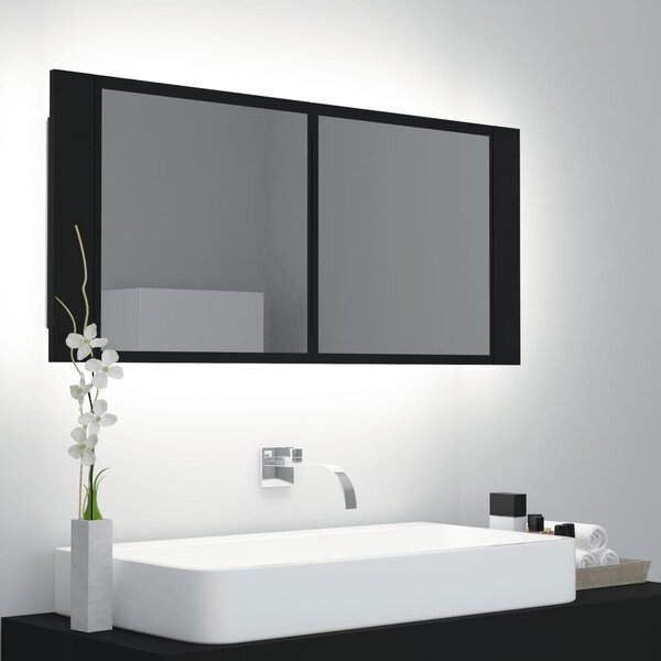 Szafka łazienkowa z lustrem i LED, czarna, 100x12x45 cm, akryl