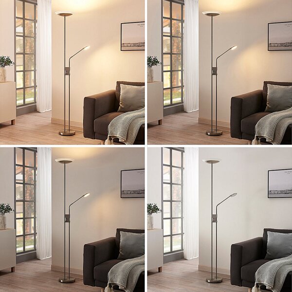 Lampa Podłogowa Lindby, Jonne, ściemnialny, metaliczny, salon, metal, nowoczesny