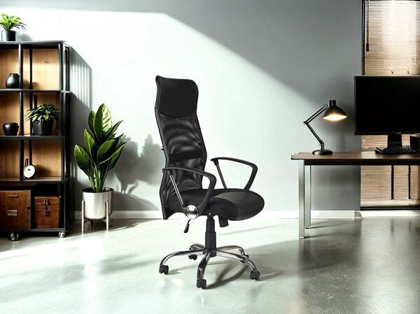 Fotel Plus czarny, biurowy, obrotowy z siatlowym oparciem, ekonomiczny