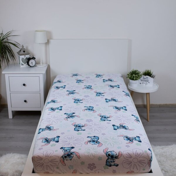 Białe bawełniane prześcieradło dziecięce z gumką jednoosobowe 90x200 cm Lilo and Stitch "Ohana White" – Jerry Fabrics
