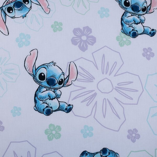 Białe bawełniane prześcieradło dziecięce z gumką jednoosobowe 90x200 cm Lilo and Stitch "Ohana White" – Jerry Fabrics