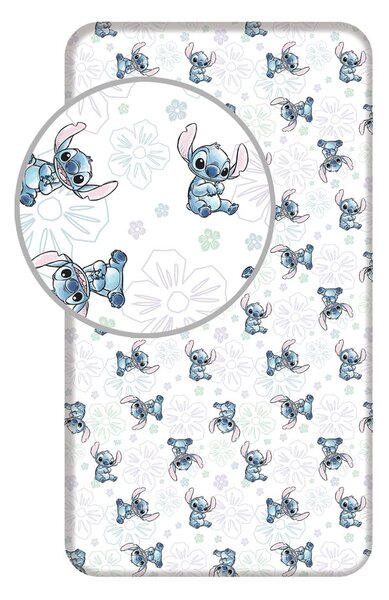 Białe bawełniane prześcieradło dziecięce z gumką jednoosobowe 90x200 cm Lilo and Stitch "Ohana White" – Jerry Fabrics