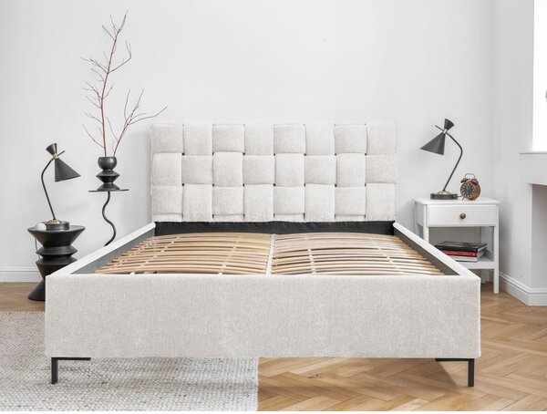 Kremowe tapicerowane łóżko dwuosobowe ze stelażem 140x200 cm Eve – Miuform