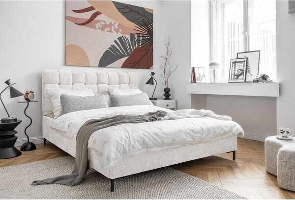 Kremowe tapicerowane łóżko dwuosobowe ze stelażem 140x200 cm Eve – Miuform