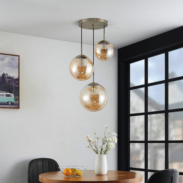 Lampa Wisząca Lindby, Teeja, ściemnialny, antyczny mosiądz, salon, szkło, nowoczesny