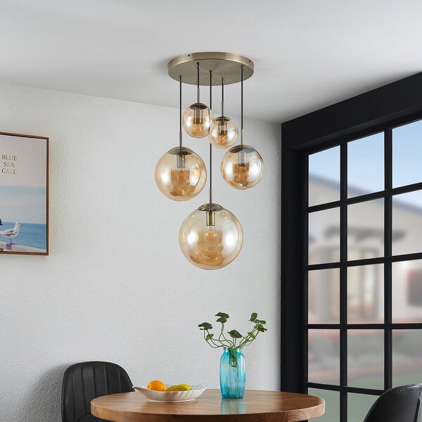 Lampa Wisząca Lindby, Teeja, ściemnialny, antyczny mosiądz, salon, szkło, vintage