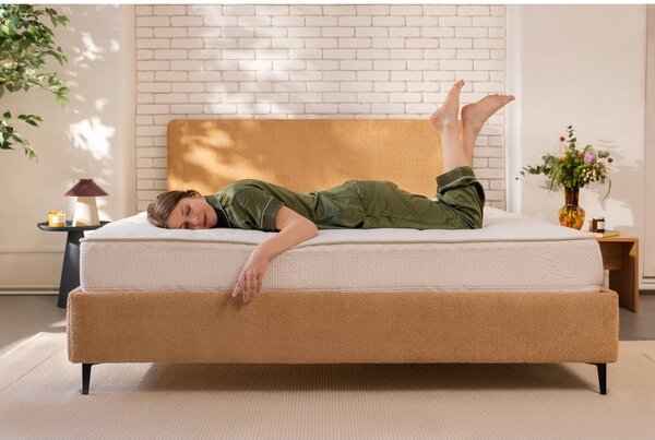 Musztardowe tapicerowane łóżko dwuosobowe ze stelażem 160x200 cm Noira Slim – Bonami Selection