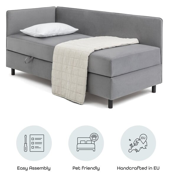Szare tapicerowane łóżko jednoosobowe ze schowkiem i materacem 90x200 cm Avela – Bonami Selection